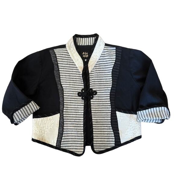 Vintage A La Mode patchwork jacket black cream frog toggle made USA size large - Picture 1 of 15